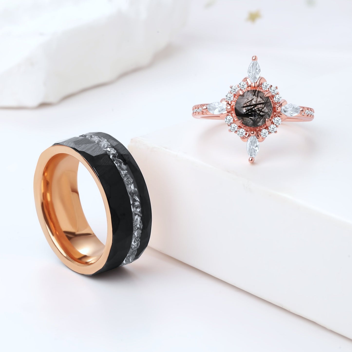 Natural Black Rutilated Quartz & Meteorite Couple Ring Set