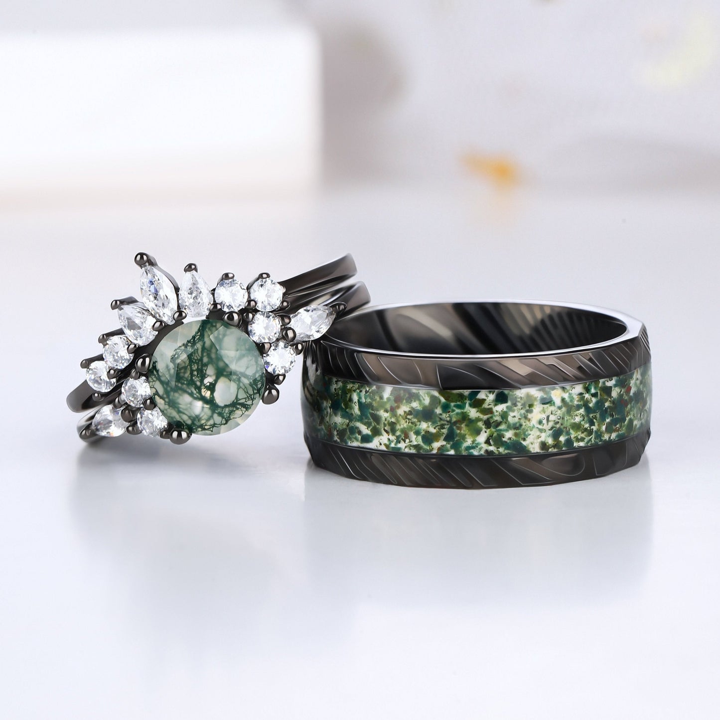 Natural Moss Agate 925 Silver Wedding Ring for Women