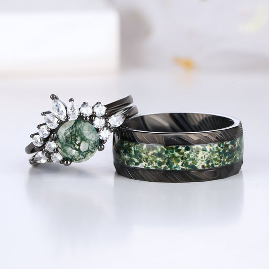 The Green Veil - Natural Moss Agate Couple Ring Set