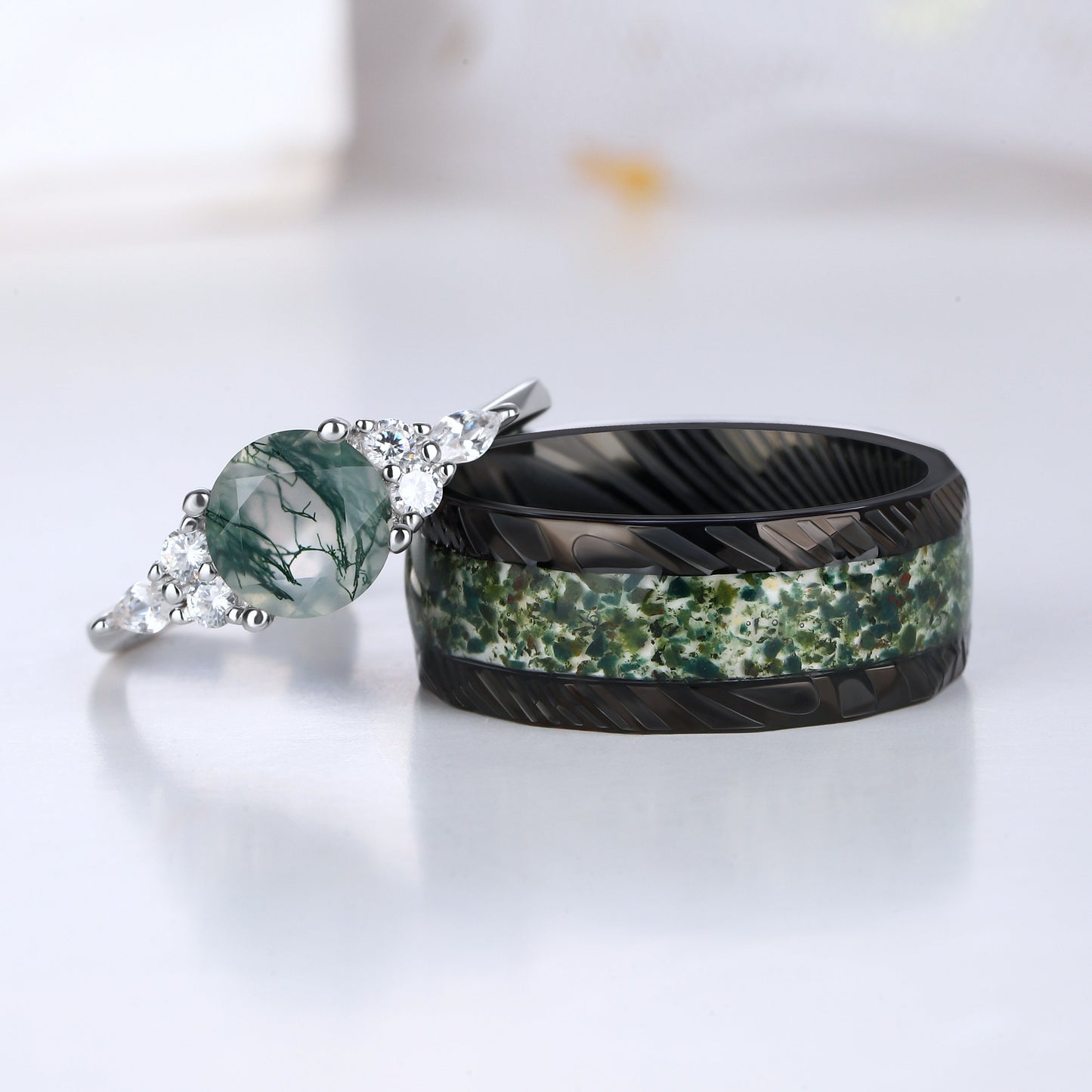 The Forestine - Natural Moss Agate Matching Ring Set