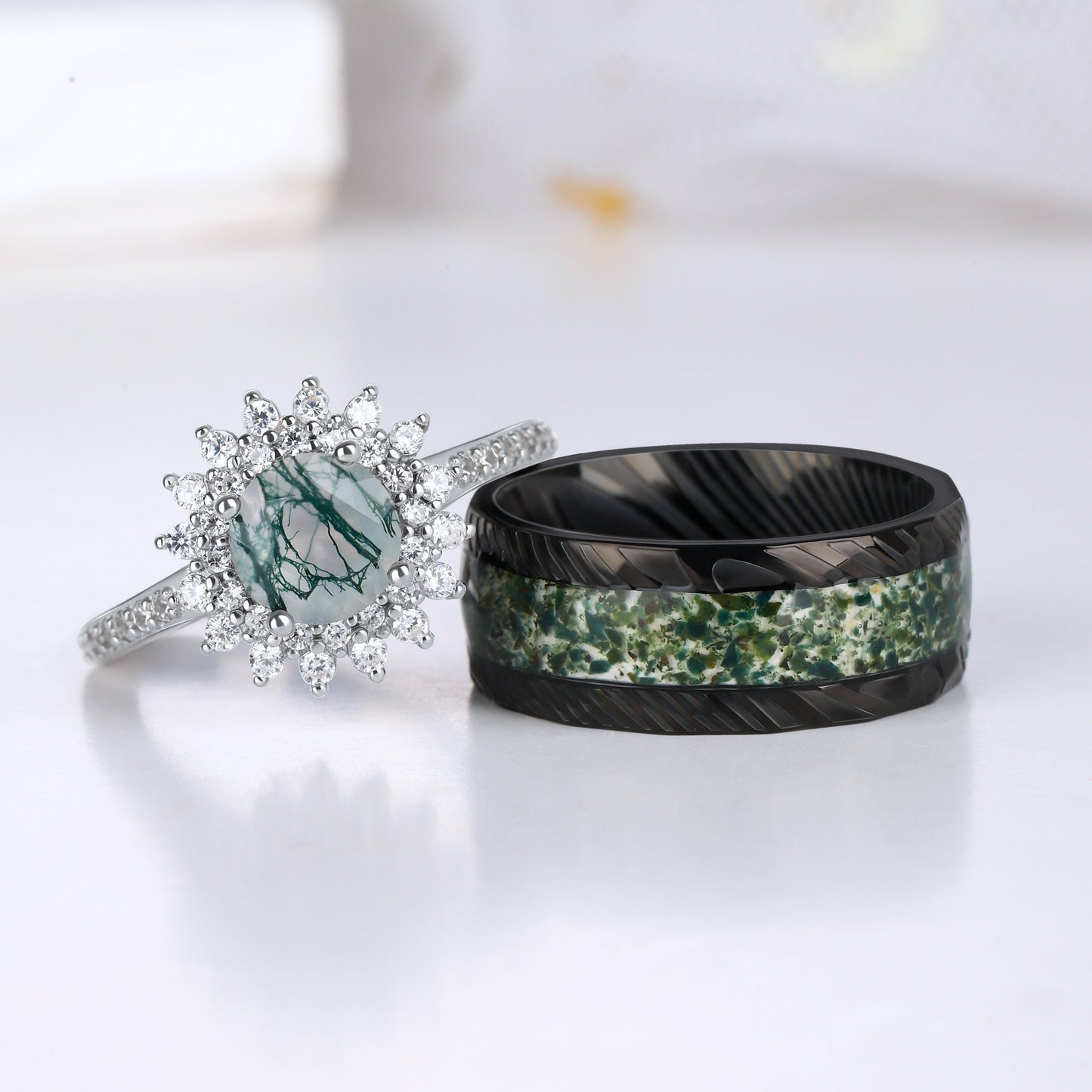 The Grelior - Natural Moss Agate Couple Ring Set