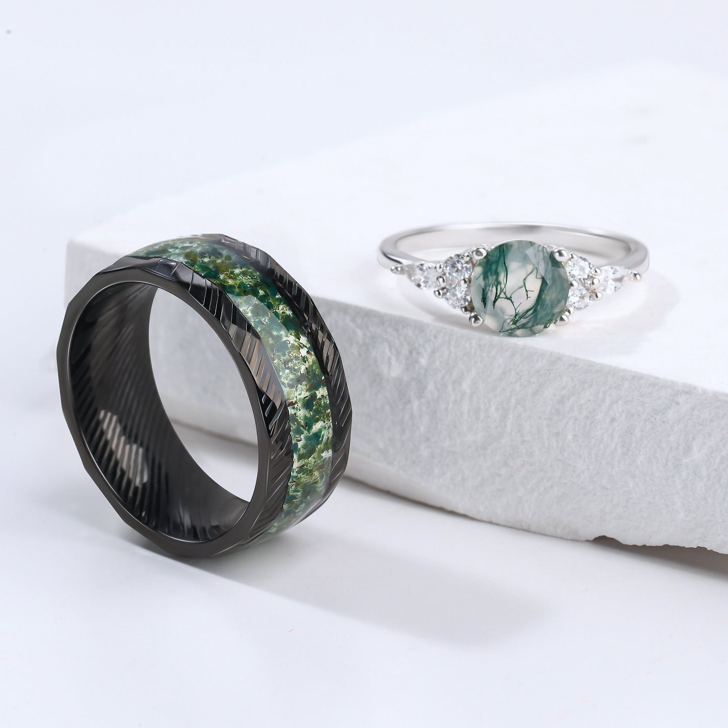 The Forestine - Natural Moss Agate Matching Ring Set