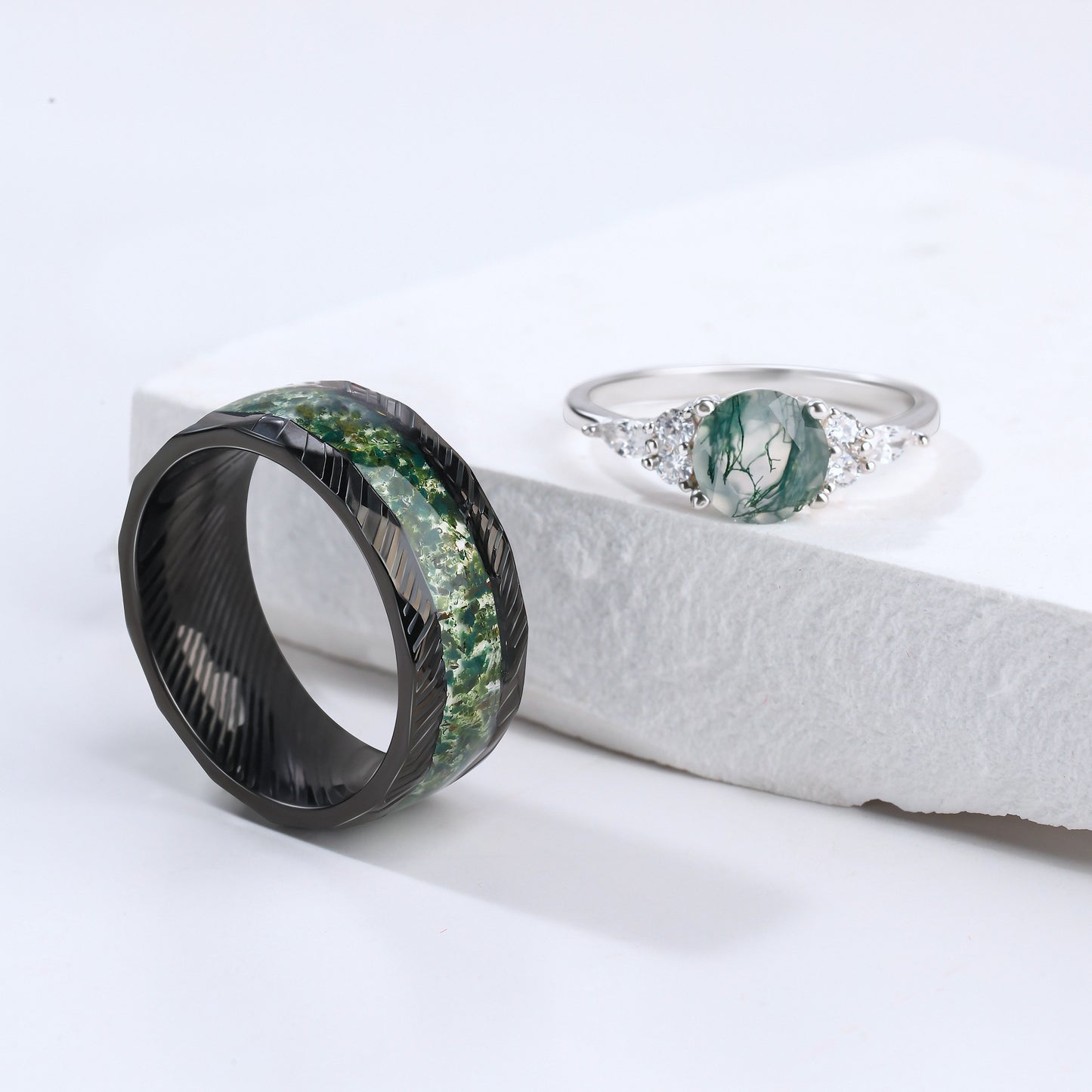 The Forestine - Natural Moss Agate Matching Ring Set