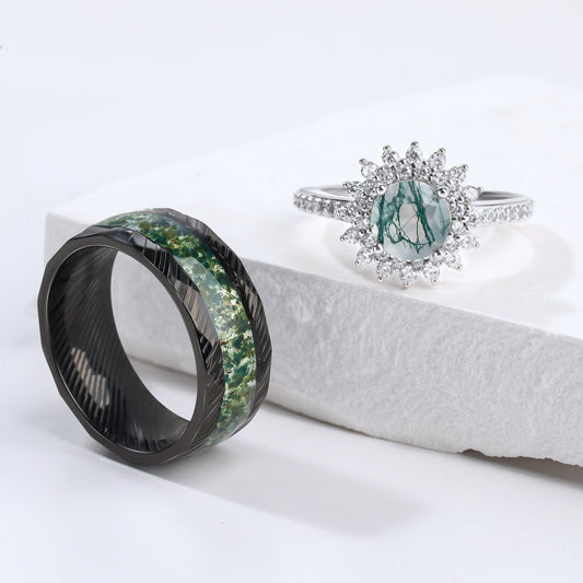 The Grelior - Natural Moss Agate Couple Ring Set