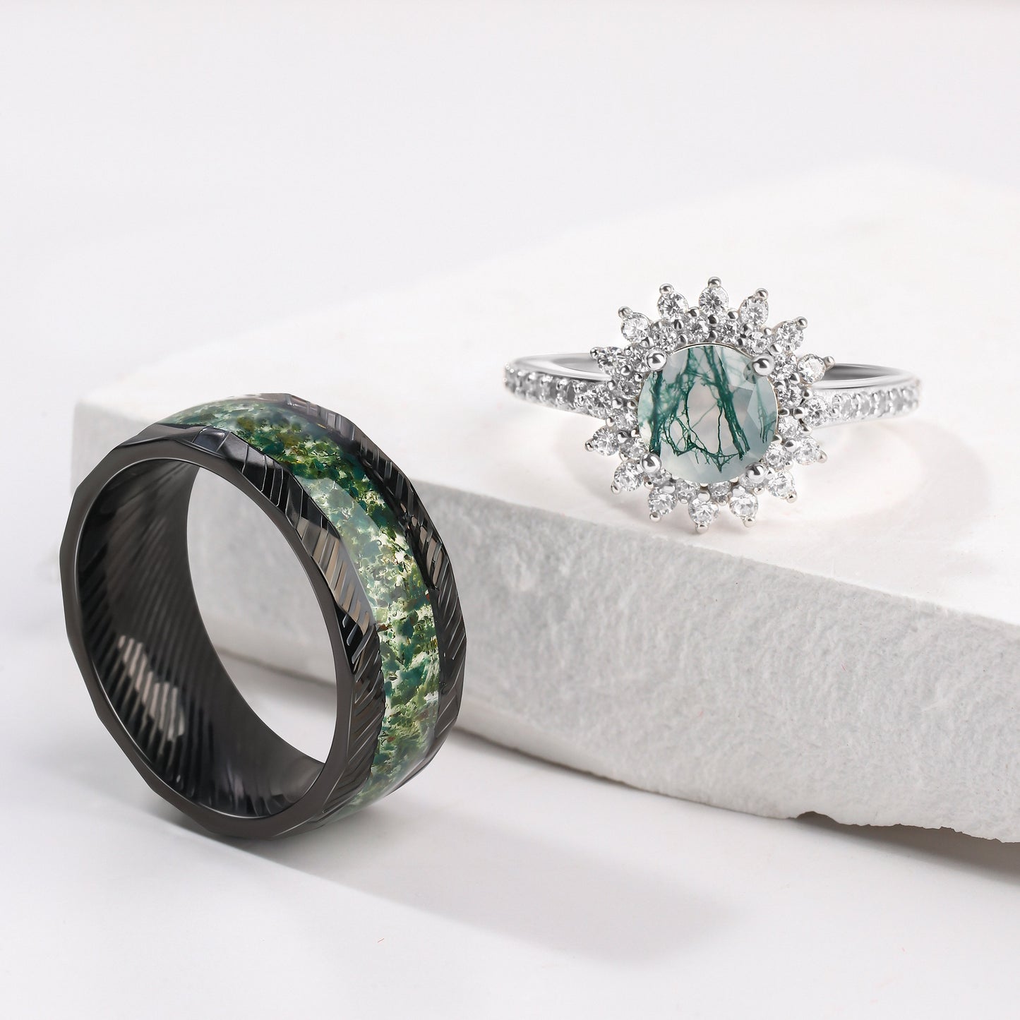 The Grelior - Natural Moss Agate Couple Ring Set