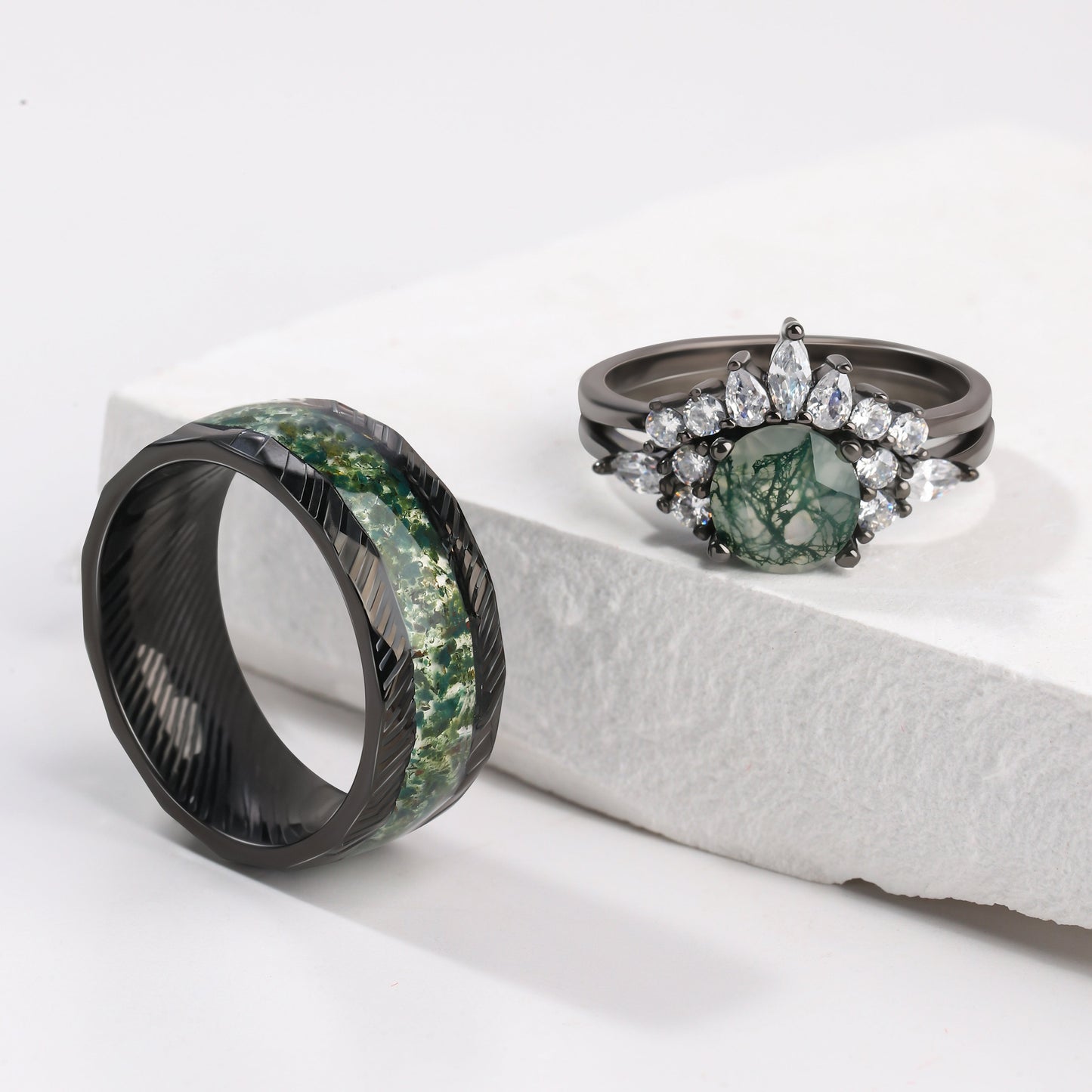 The Green Veil - Natural Moss Agate Couple Ring Set