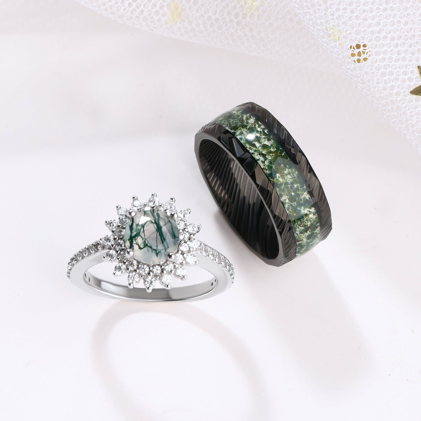 The Grelior - Natural Moss Agate Couple Ring Set