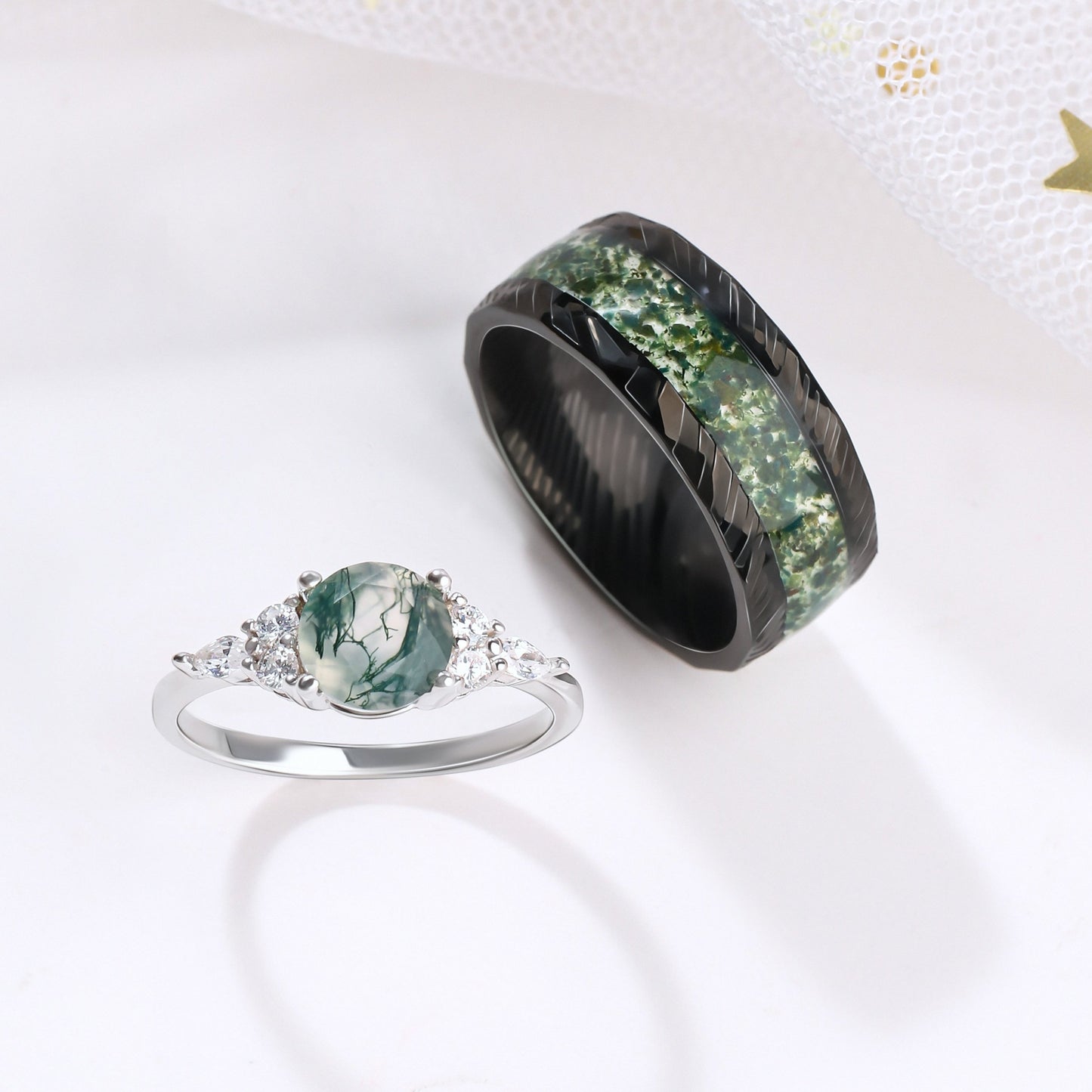 The Forestine - Natural Moss Agate Matching Ring Set