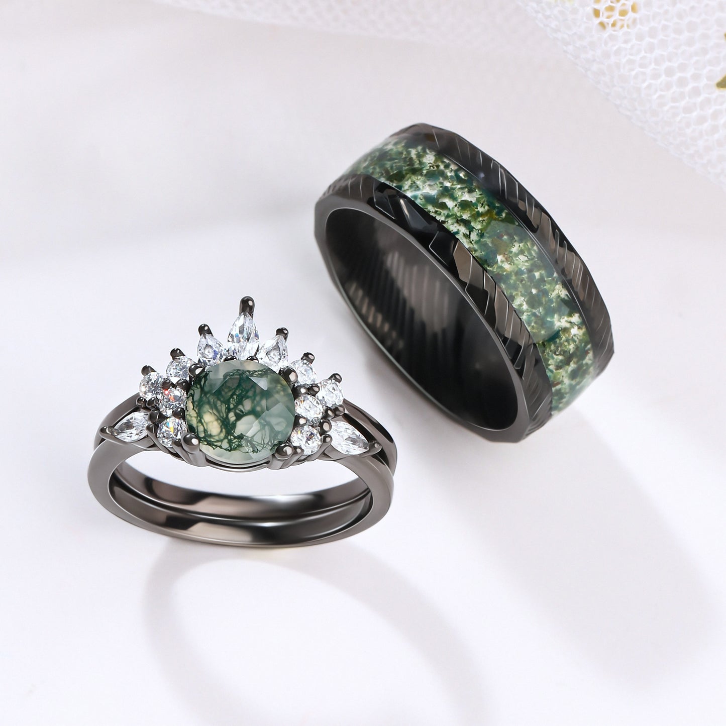 The Green Veil - Natural Moss Agate Couple Ring Set