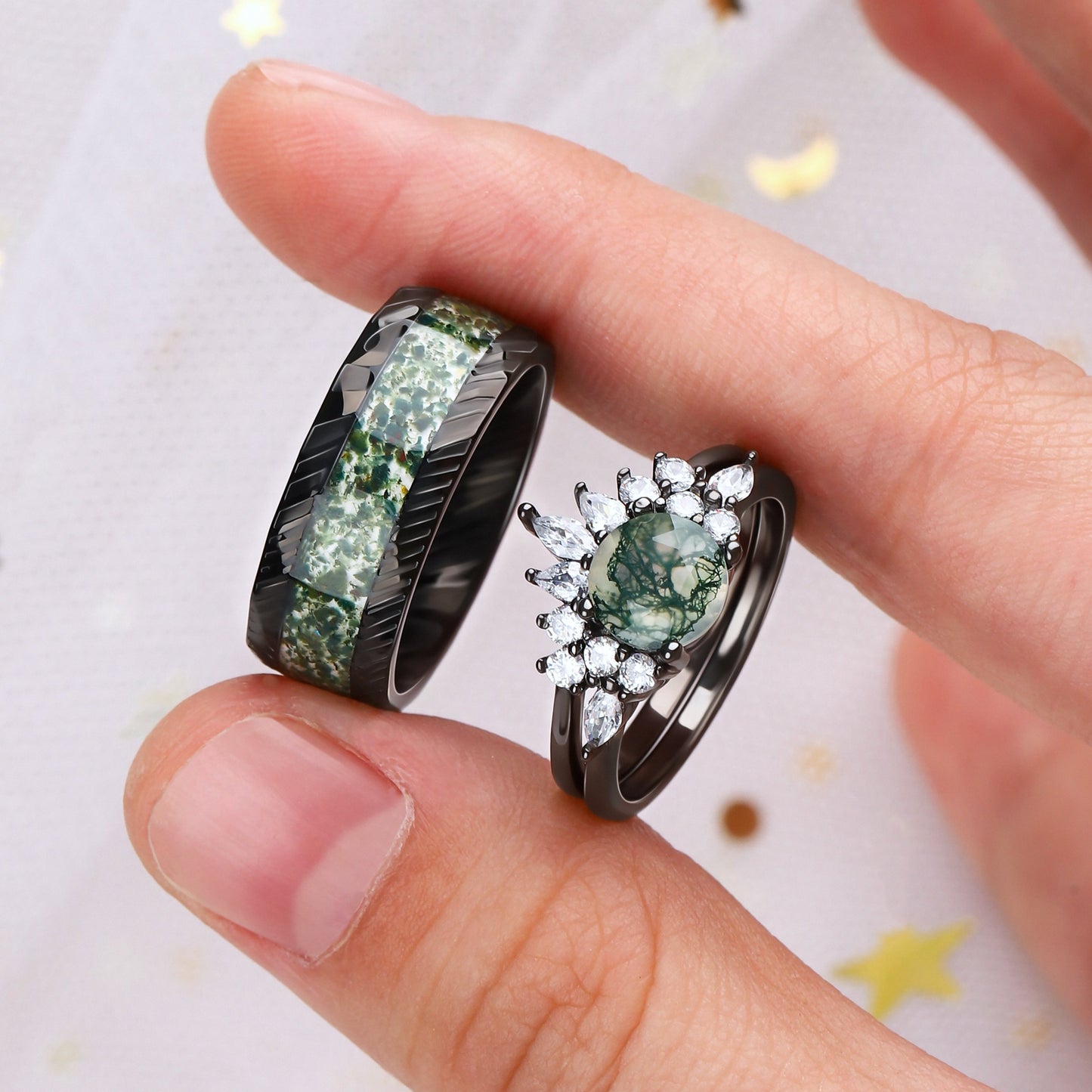 Natural Moss Agate 925 Silver Wedding Ring for Women