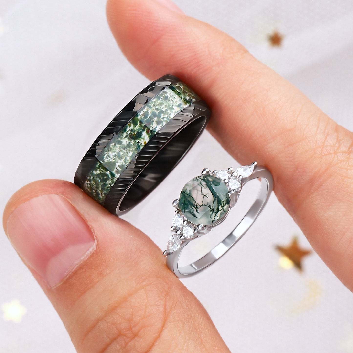 The Forestine - Natural Moss Agate Matching Ring Set