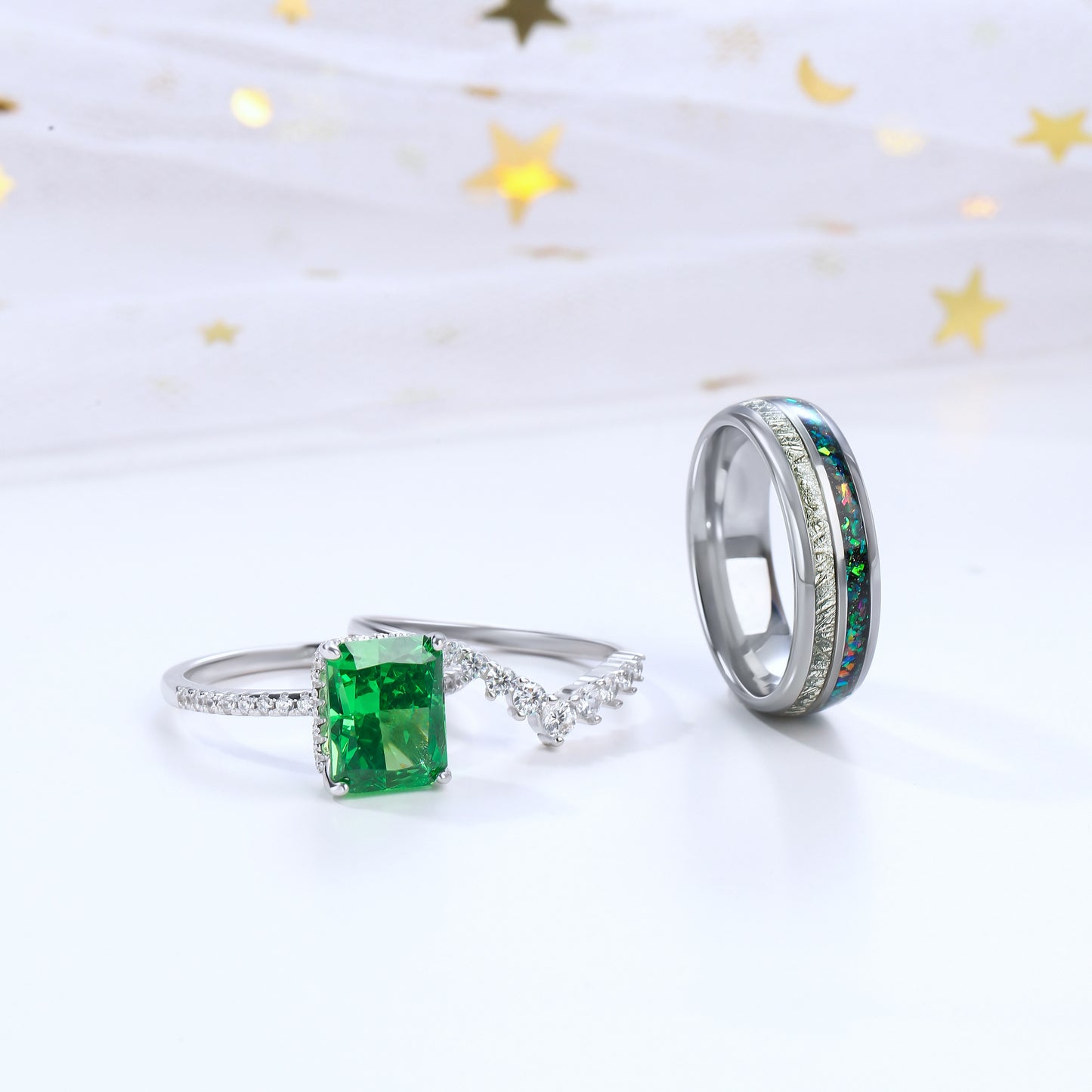 The Zelora - Diamond & Crushed Green Opal Couple Ring Set