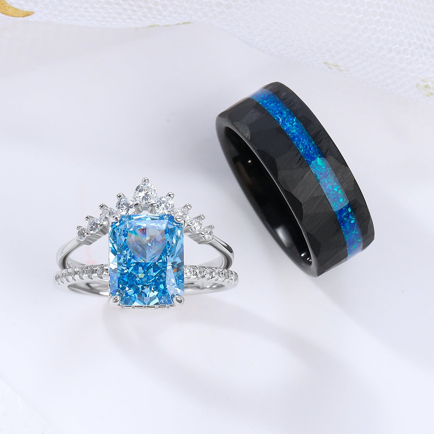 The Meridian - Diamond & Crushed Blue Opal Couple Ring Set