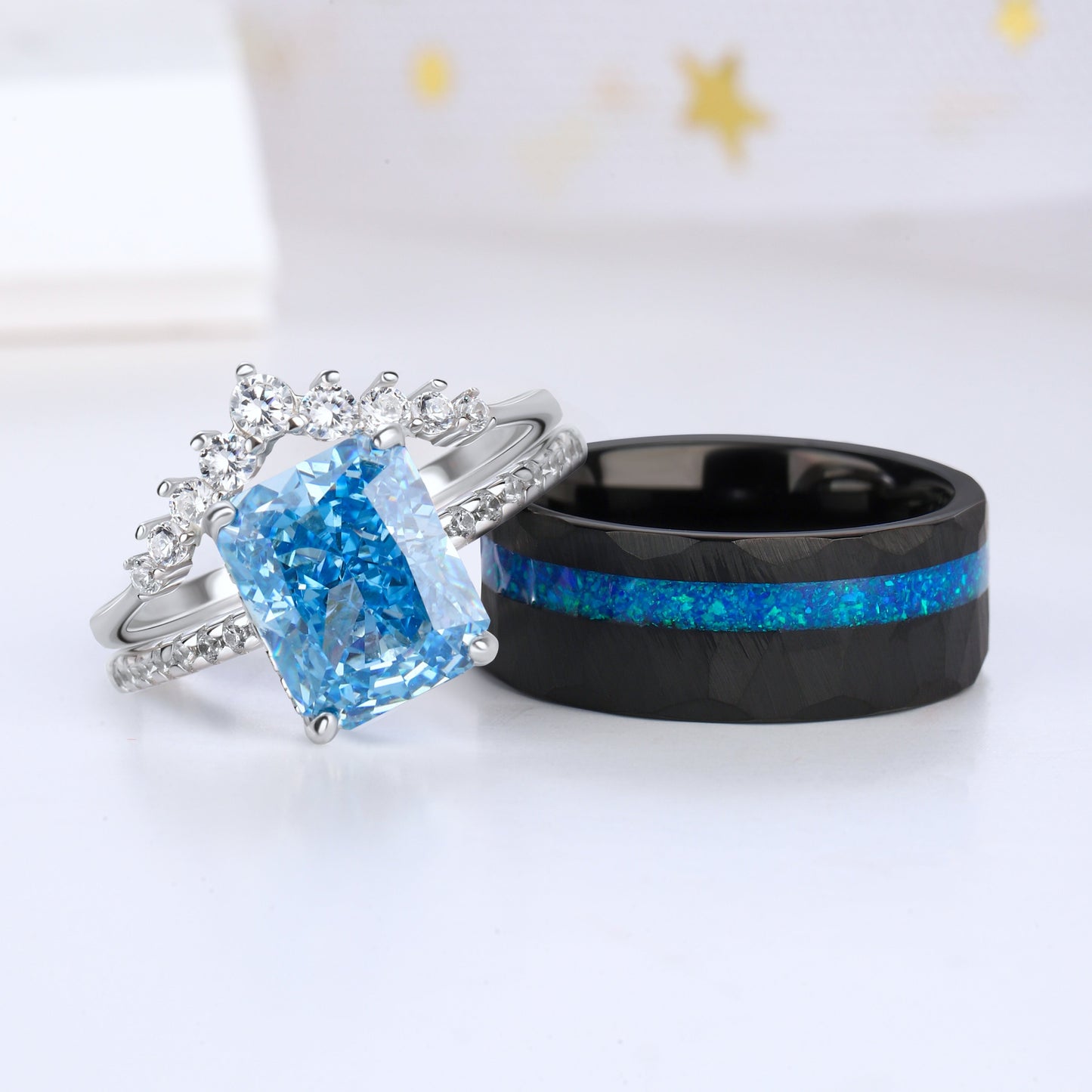 The Meridian - Diamond & Crushed Blue Opal Couple Ring Set