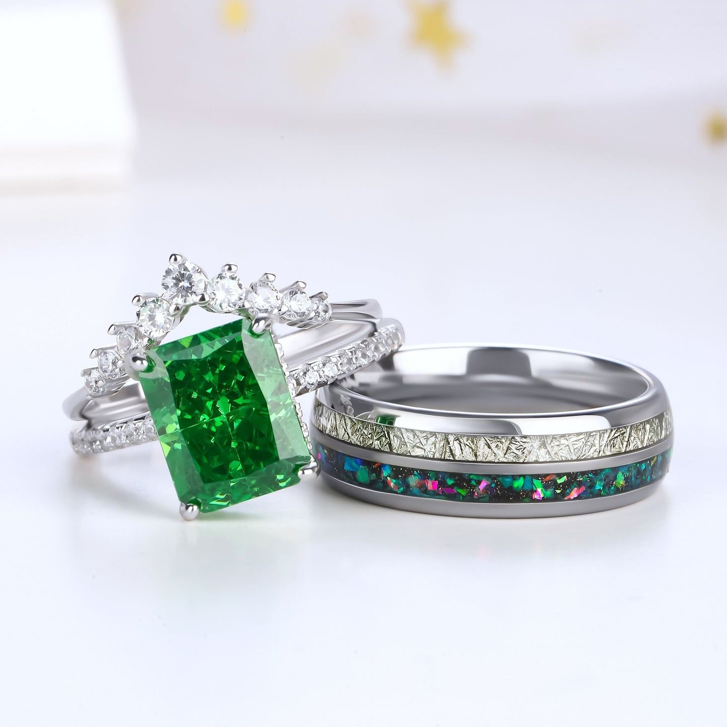 The Zelora - Diamond & Crushed Green Opal Couple Ring Set