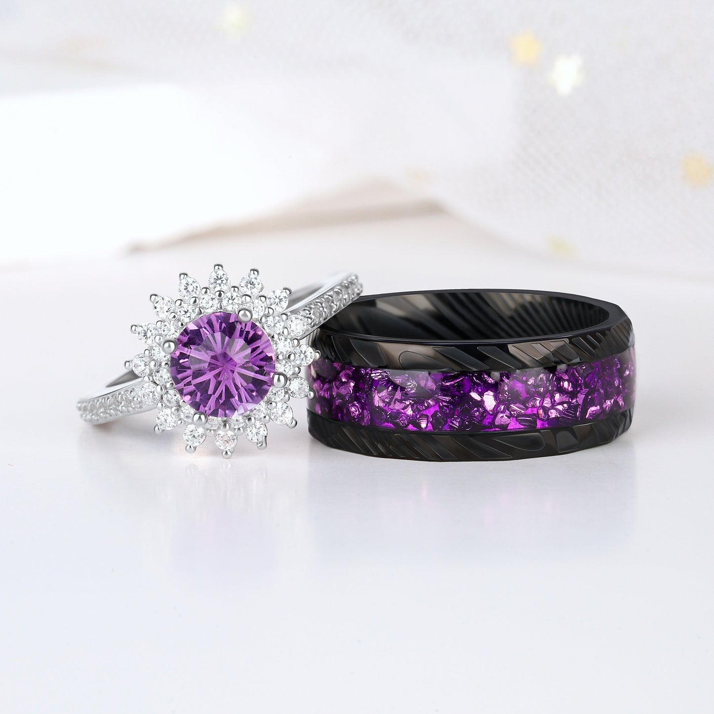 The Flareen - Firework & Crushed Amethyst Couple Ring Set