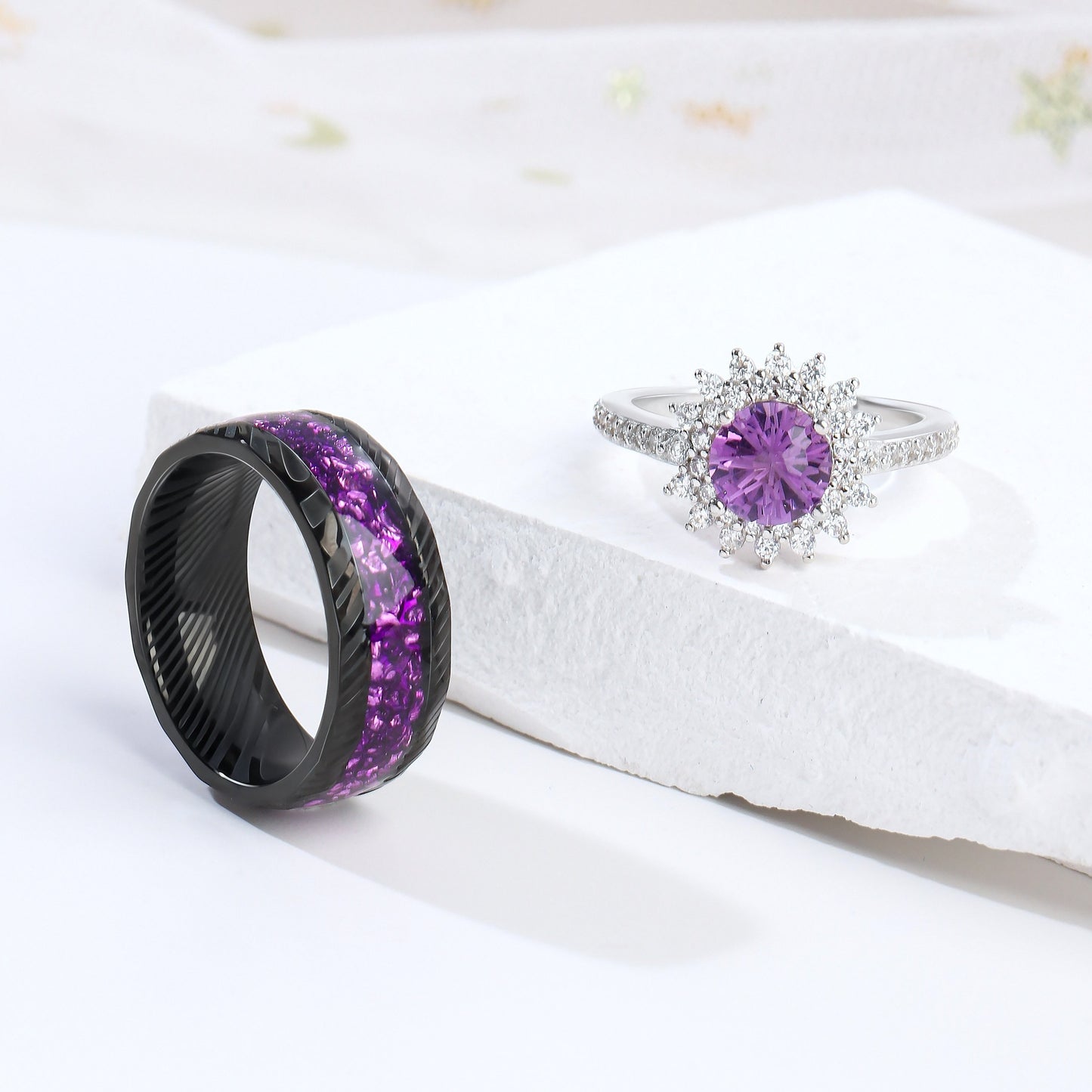 The Flareen - Firework & Crushed Amethyst Couple Ring Set