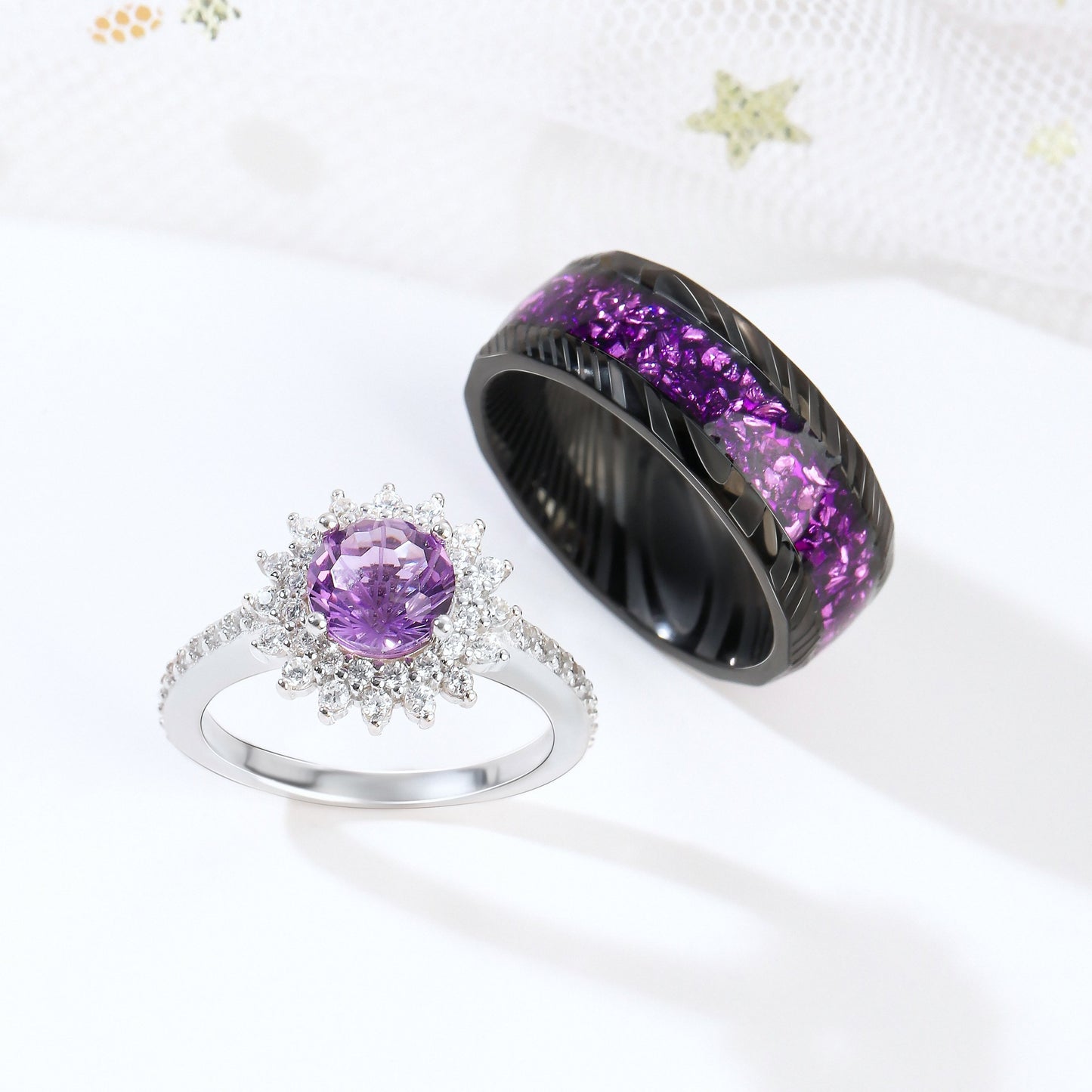 The Flareen - Firework & Crushed Amethyst Couple Ring Set