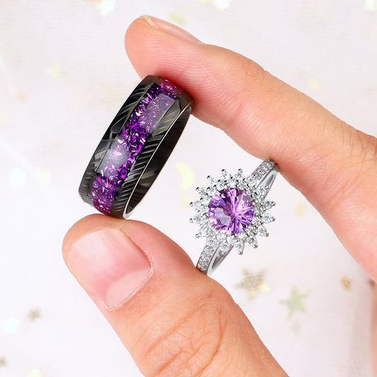 The Flareen - Firework & Crushed Amethyst Couple Ring Set