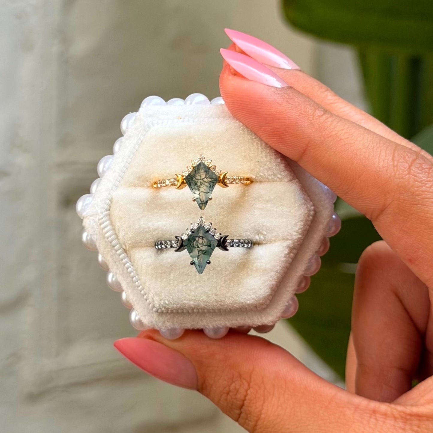 The Mossveil - Kite Cut Moss Agate Ring Set