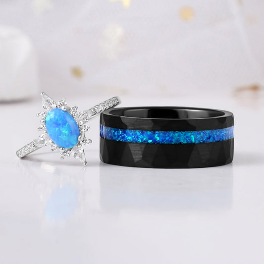 The Nerida - Blue Fire Opal & Meteorite Couple Ring Set