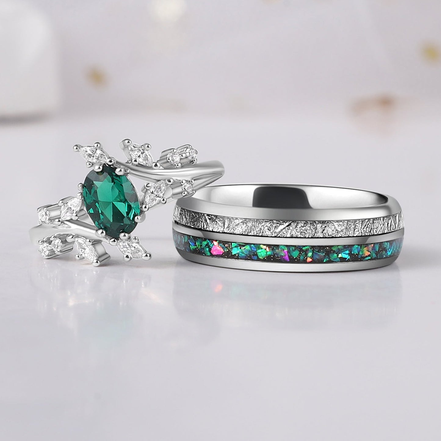 Natural Paraiba and Crushed Green Opal Couple Ring Set Tungsten & 925 Silver