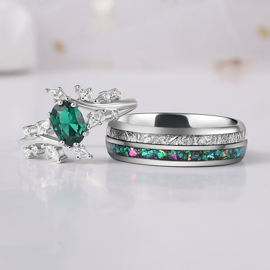 The Verdal - Natural Paraiba & Crushed Green Opal Couple Ring Set