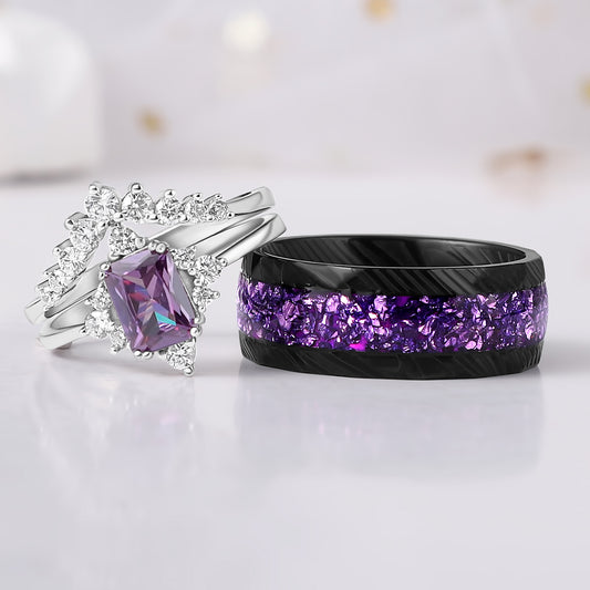 Emerald Cut Amethyst His Her Couple Ring Set Silver & Steel