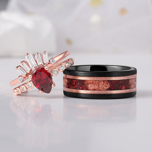 The Aurelia - Red Garnet Rose Gold Leaf Couple Ring Set