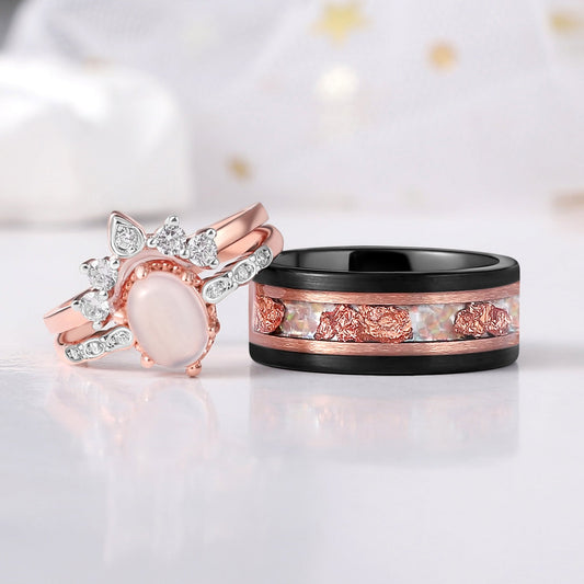 The Lunara - Natural Moonstone & Fire Opal Rose Gold Leaf Couple Ring Set