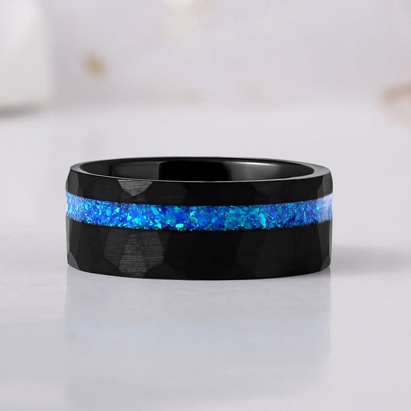 Blue Fire Opal Meteorite Tungsten Ring for Men