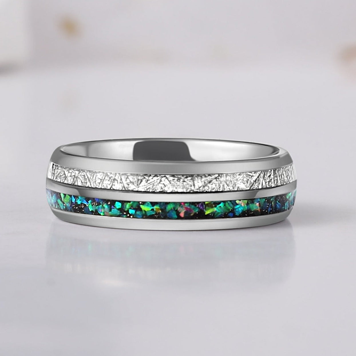 Crushed Green Opal Tungsten Ring for Men