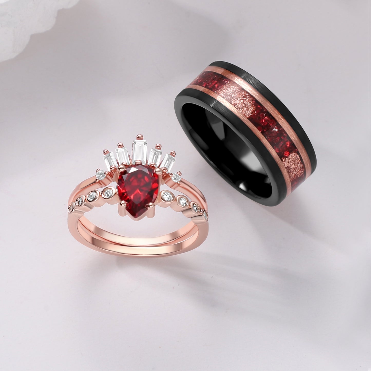 Red Garnet Rose Gold Leaf Couple Ring Set Black Tungsten & Vermeil