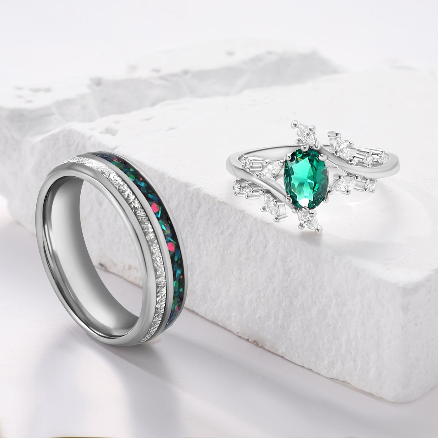 Natural Paraiba and Crushed Green Opal Couple Ring Set Tungsten & 925 Silver