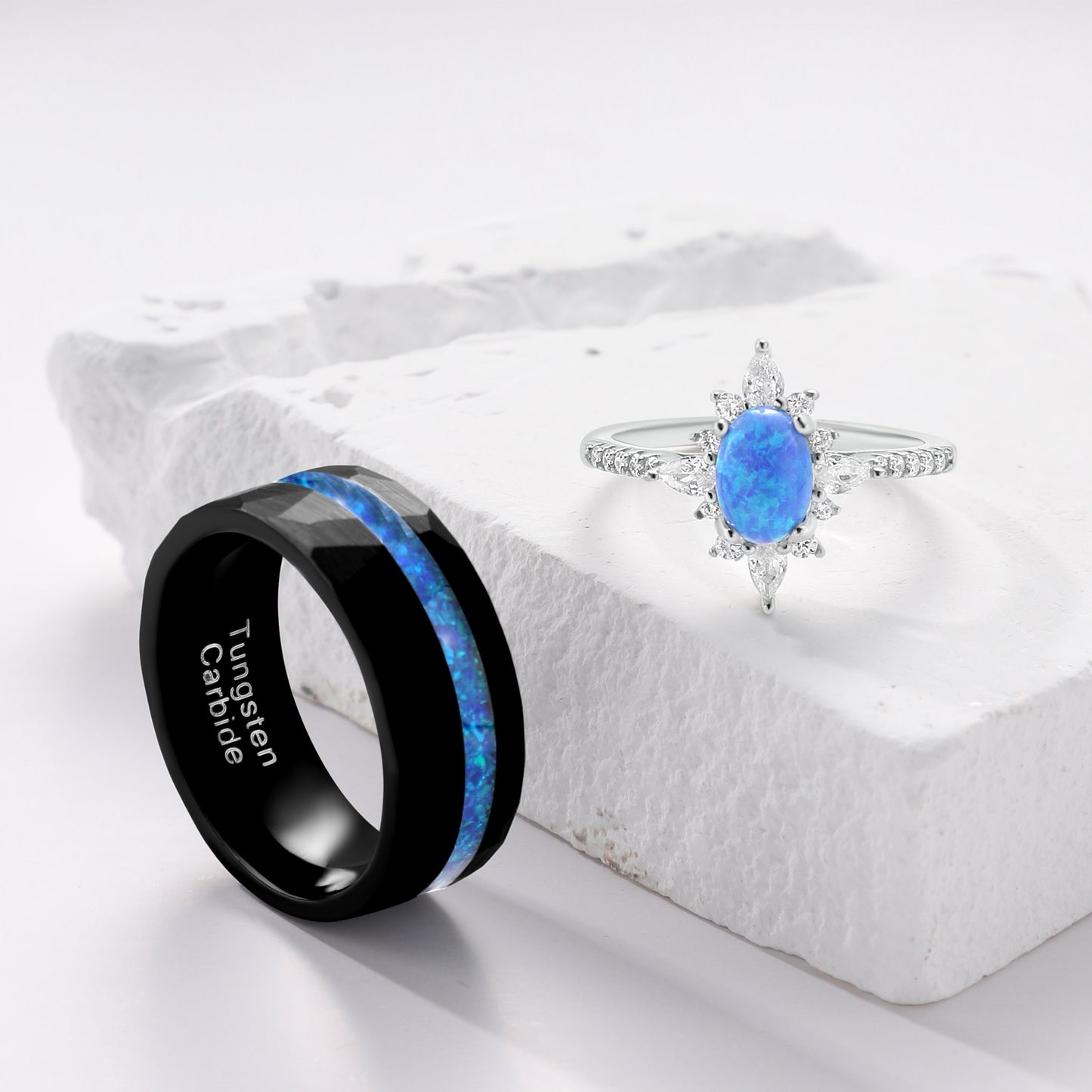 Blue Fire Opal & Meteorite Couple Ring Set Tungsten & Sterling Silver