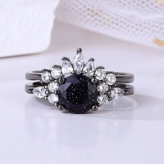 The Midnera - Blue Sandstone Wedding Ring - Black Rhodium