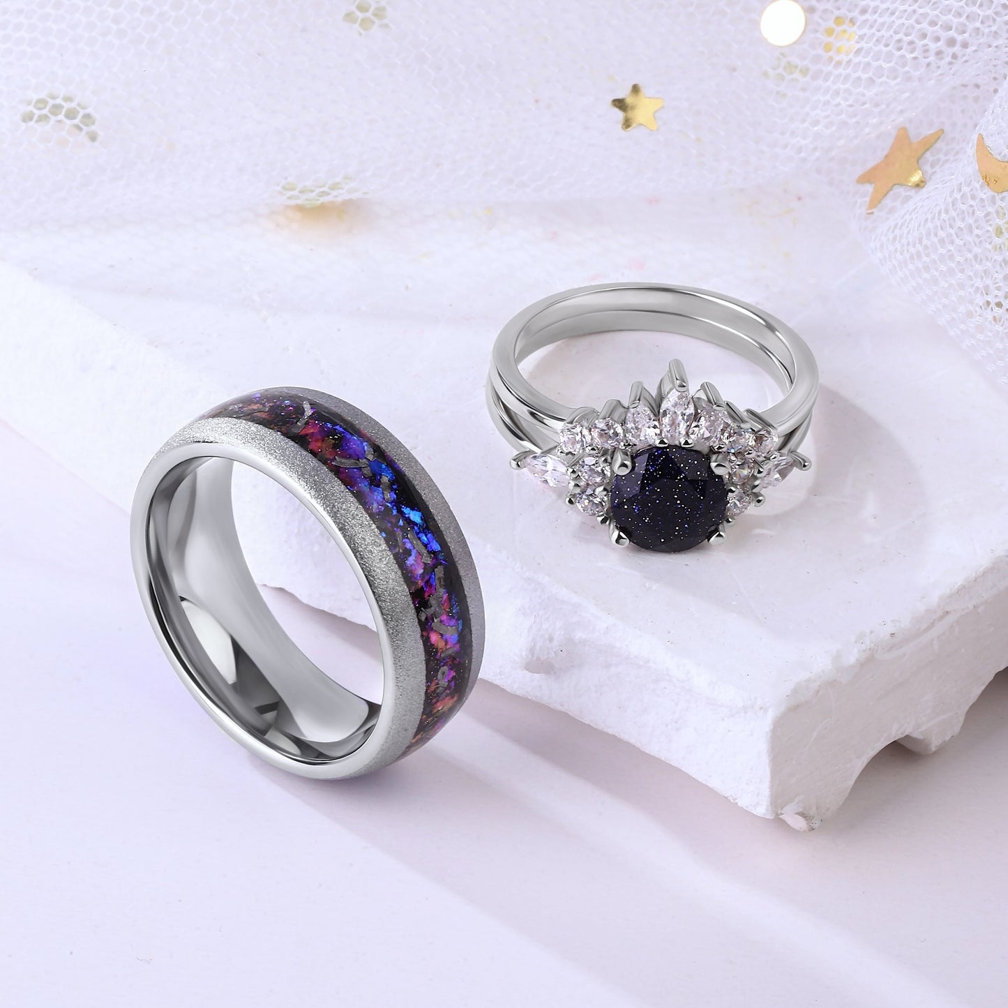 The Starnight - Meteorite & Blue Sandstone Couple Rings