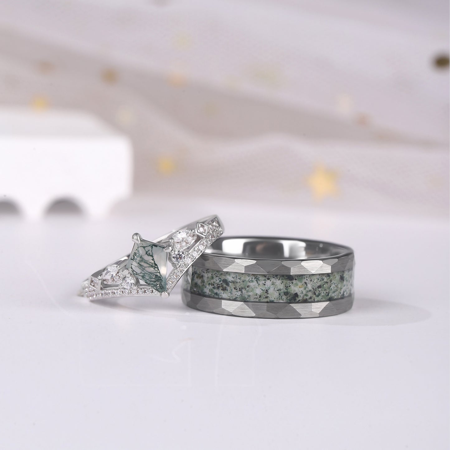 The Oakmere - Kite Cut Natural Moss Agate Couple Ring Set