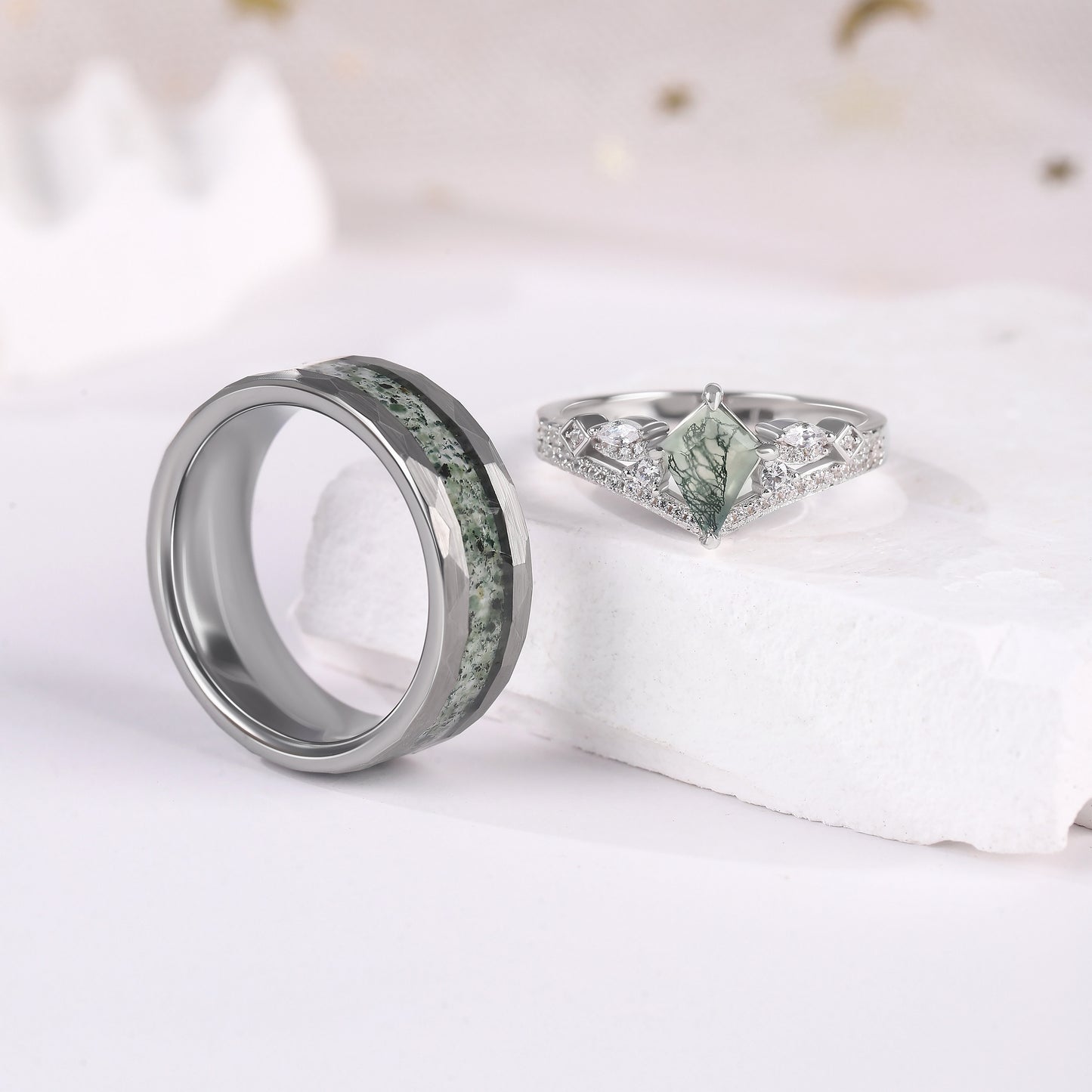 The Oakmere - Kite Cut Natural Moss Agate Couple Ring Set