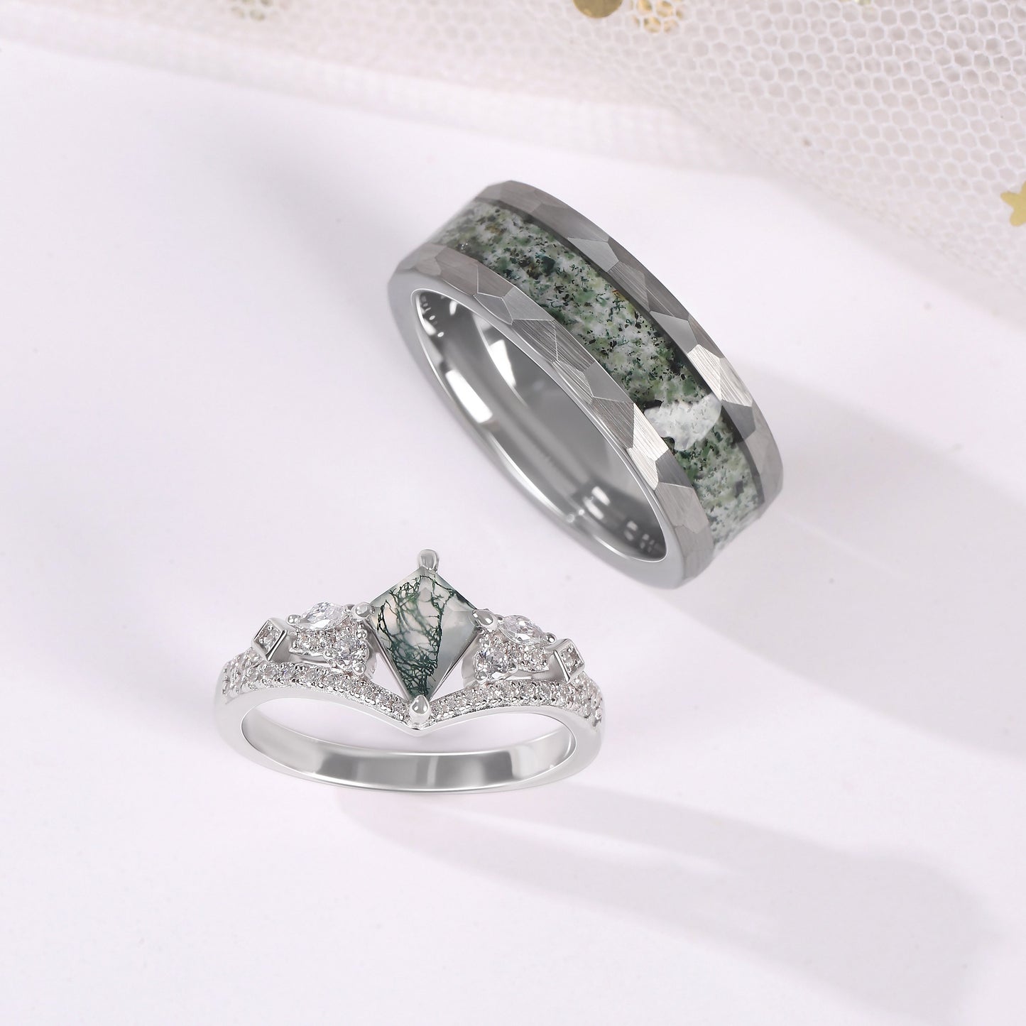 The Oakmere - Kite Cut Natural Moss Agate Couple Ring Set