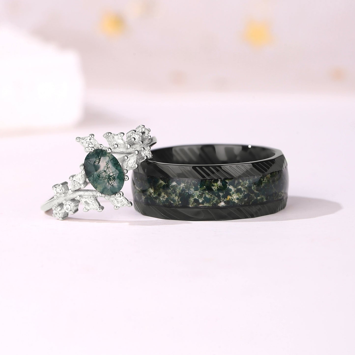 The Moralis - Natural Moss Agate Couple Ring Set