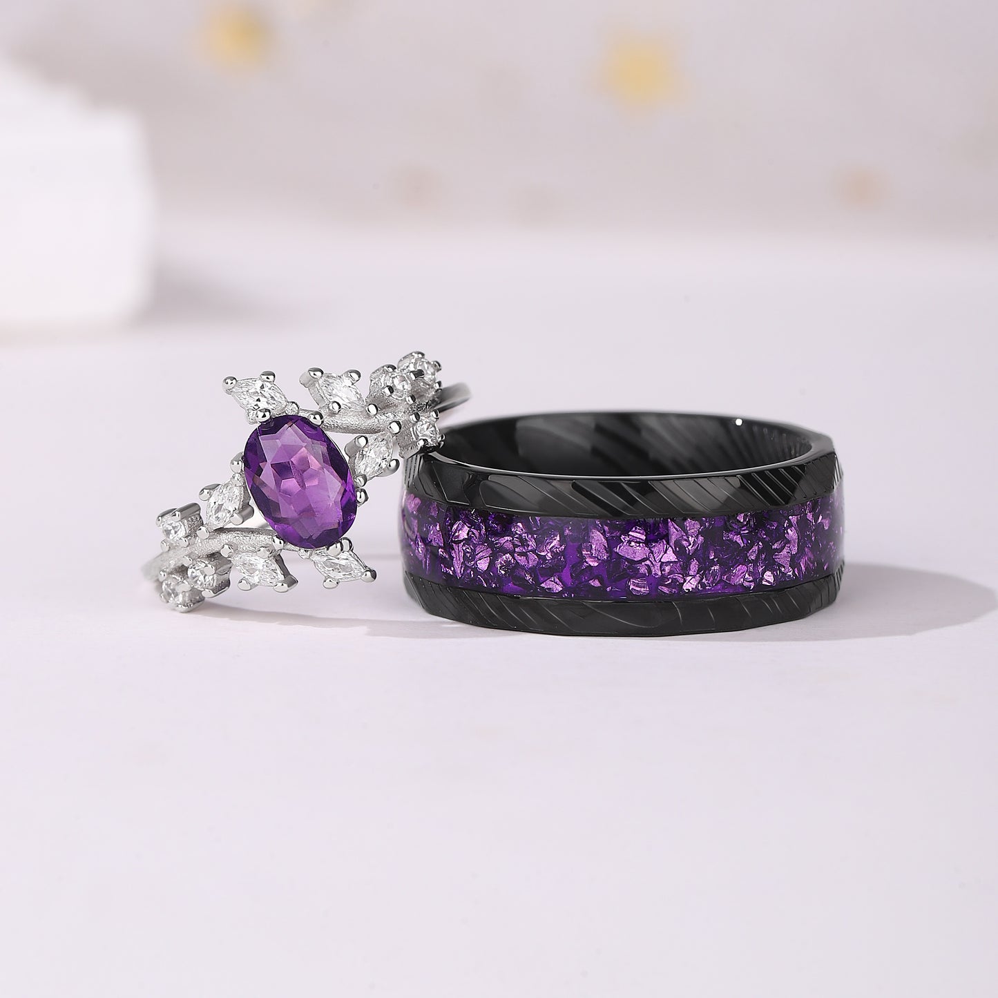 The Serenya - Natural Amethyst Couple Ring Set