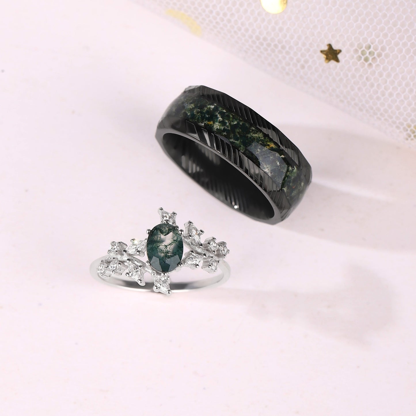 The Moralis - Natural Moss Agate Couple Ring Set