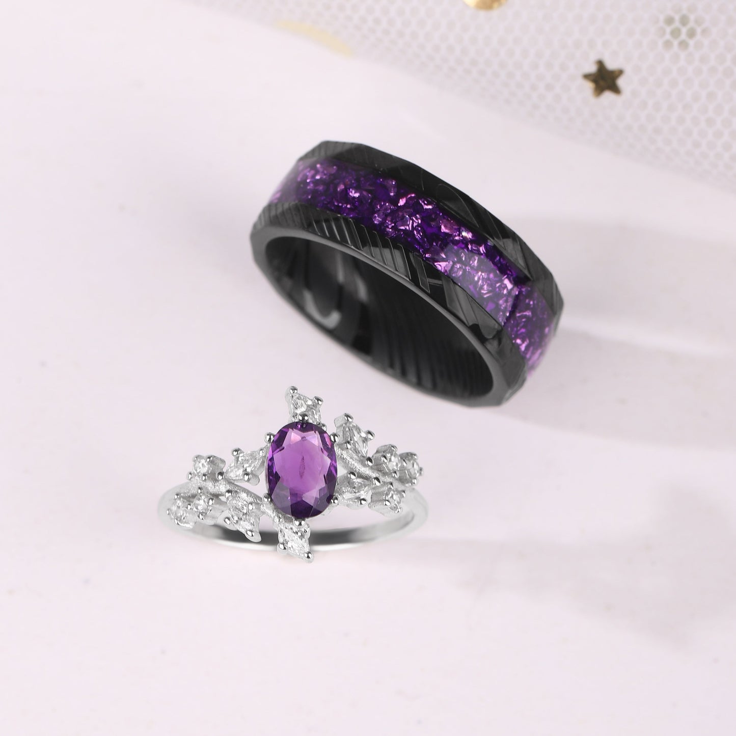 The Serenya - Natural Amethyst Couple Ring Set