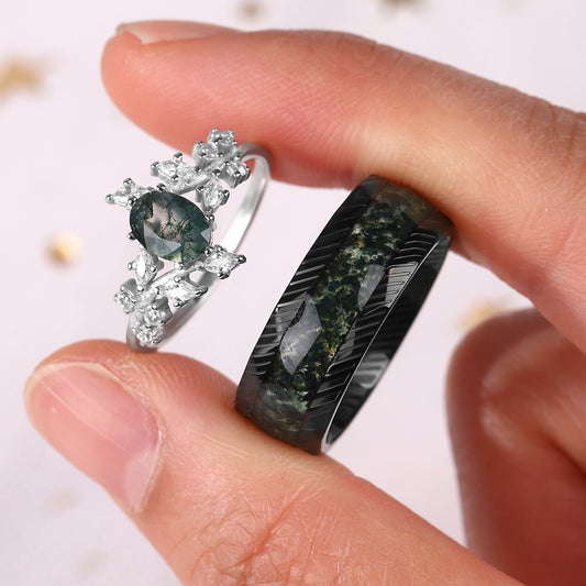 The Moralis - Natural Moss Agate Couple Ring Set
