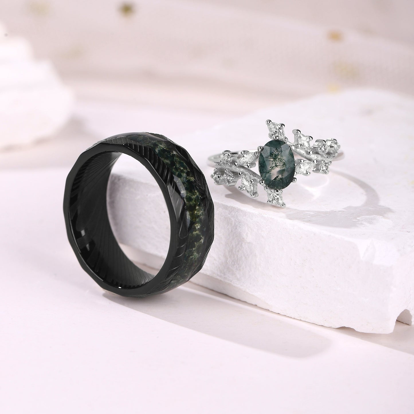 The Moralis - Natural Moss Agate Couple Ring Set