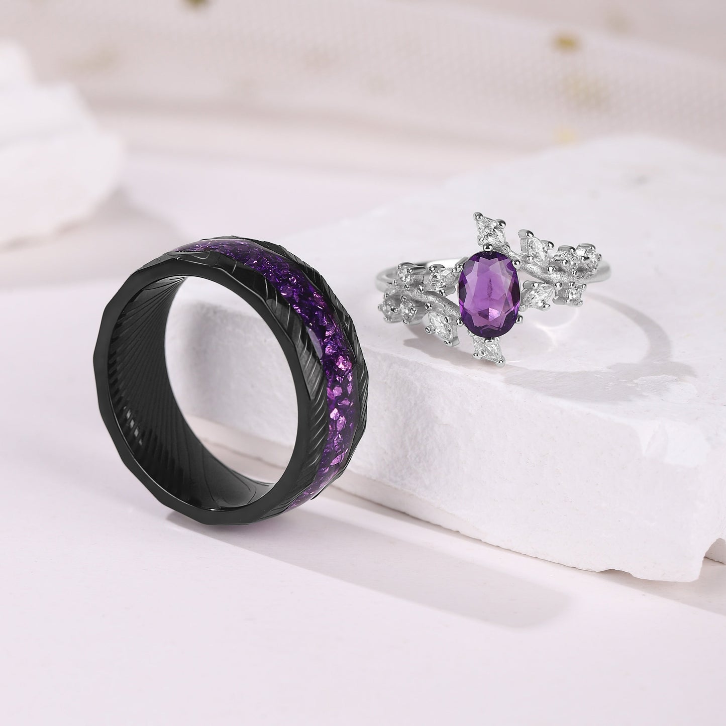 The Serenya - Natural Amethyst Couple Ring Set