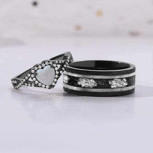 The Nyxara - Black Meteorite Sandstone & White Opal Couple Ring Set