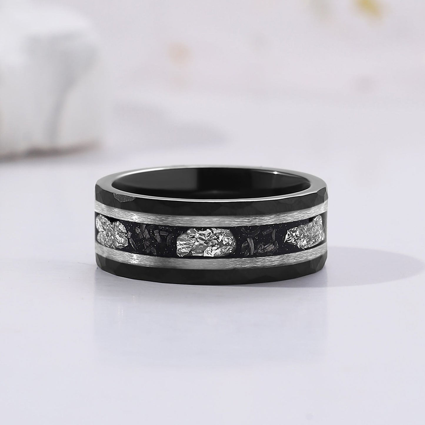 Black Meteorite Sandstone & White Opal Couple Ring Set Silver/Tungsten