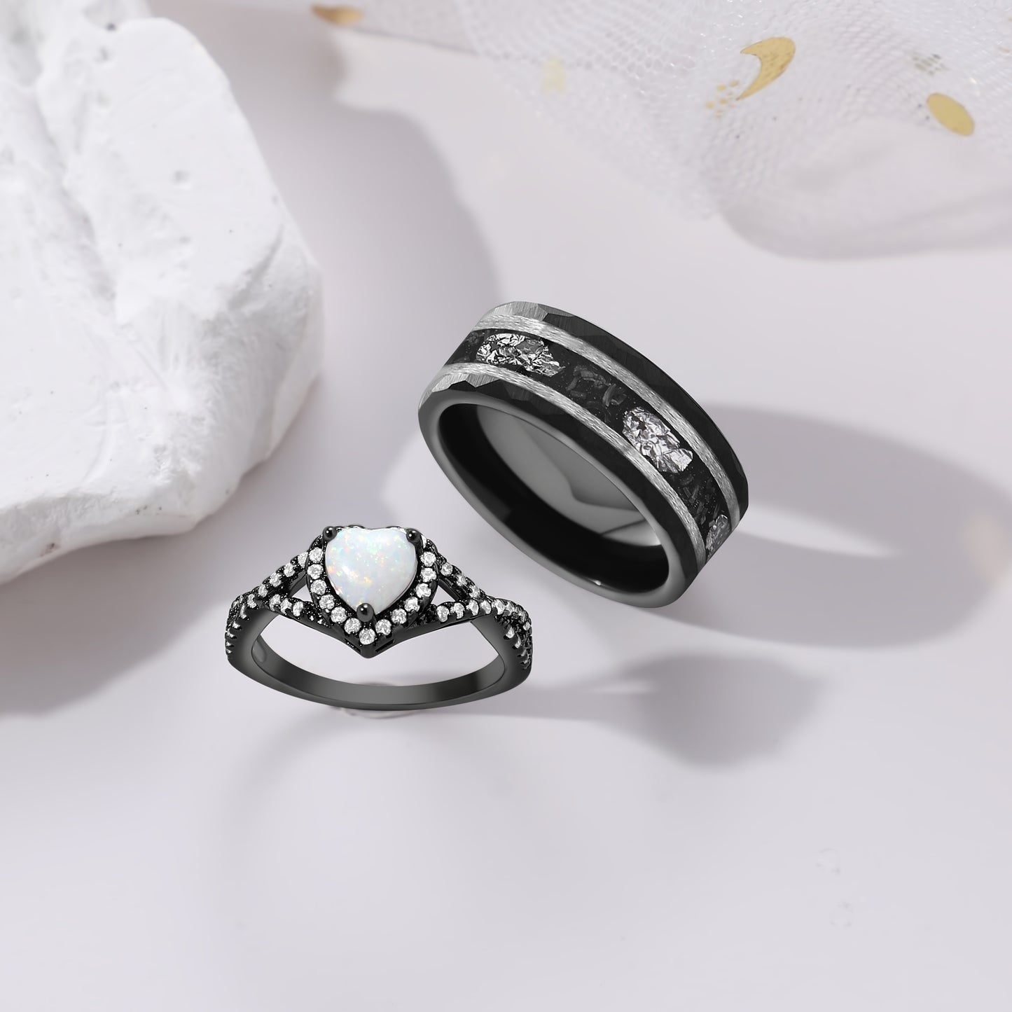 Black Meteorite Sandstone & White Opal Couple Ring Set Silver/Tungsten